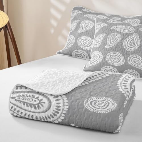 Gray Queen Size Quilted Bedspread Set with 2 Pillowcases - Manfei