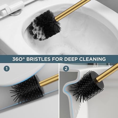 Gold Stainless Steel Toilet Brush & Holder Set - Extra Long Handle
