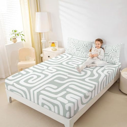Kids Queen Size Striped Fitted Sheet - Sage Green, 16-Inch Deep Pocket