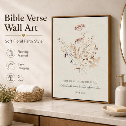 Psalm 34:8 Bible Verse Wall Art Framed Canvas Decor 24x16 Inches - Floral Scripture