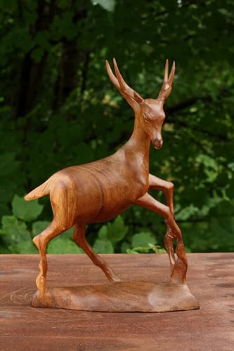 12-Inch Wooden Hand Carved Deer Statue Figurine - Rustic Lodge Decor