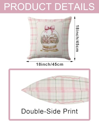 Christmas Snow Globe Pillow Cover 18x18 Pink Village Holiday Decor - Pink Plaid Variation