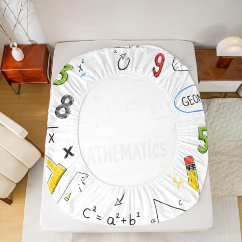 Math Formula Kids Fitted Sheet Queen Size - Beige Yellow Variation