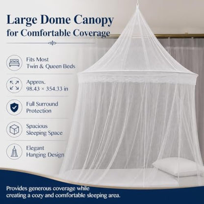 Large White Dome Mosquito Bed Net for Twin & Queen Beds - Indoor & Outdoor Canopy Curtain