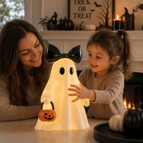 Large Lighted Ghost Figurine with Pumpkin Lantern & Remote Timer - White, 14 Inch - Variation: Ghost with Pumpkin-White
