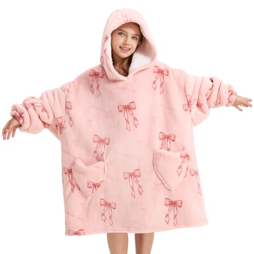 Pink Bow Wearable Blanket Hoodie for Kids 6-13 Years Oversized Christmas Gift