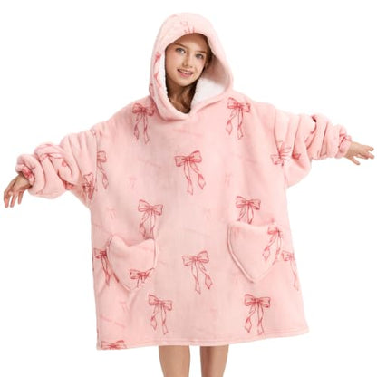 Pink Bow Wearable Blanket Hoodie for Kids 6-13 Years Oversized Christmas Gift