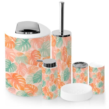 6-Piece Bathroom Accessory Set with Monstera Leaves - Tropical Bathroom Decor