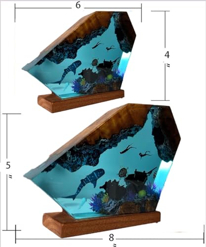Resin Ocean Night Light - 6x4in Epoxy Bedside Lamp with Underwater Scene - Diver & Marine Decor