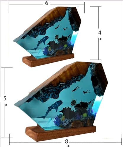 Resin Ocean Night Light - 6x4in Epoxy Bedside Lamp with Underwater Scene - Diver & Marine Decor