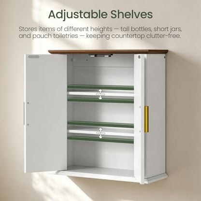 Wall Mounted Bathroom Medicine Cabinet with Adjustable Shelves - Farmhouse Style, White & Walnut Finish