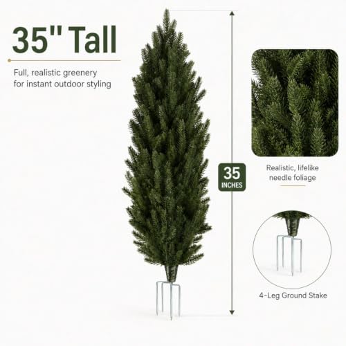 Artificial Pine Plants 35 Inch Set with Stainless Steel Stakes - Realistic Outdoor Garden Decor