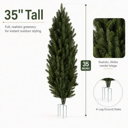 Artificial Pine Plants 35 Inch Set with Stainless Steel Stakes - Realistic Outdoor Garden Decor