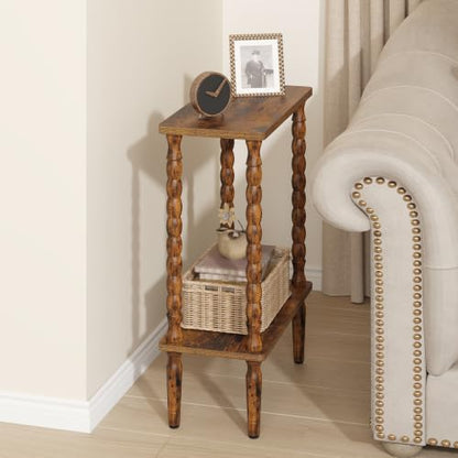 Brown Narrow 2-Tier Side Table with Solid Wood Legs - Small End Table