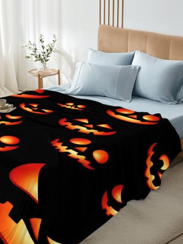 Halloween Twin Flat Sheet Spooky Jack-O-Lanterns Bedding - Black, Red, Orange, 66x96 Inches