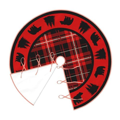 Faux Linen Christmas Tree Skirt Black Bear Red & Black Cabin Plaid 48" - Rustic Holiday Decor