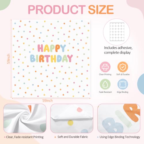 Happy Birthday Backdrop Tapestry Fabric Banner - Pastel, 59x59 Inches