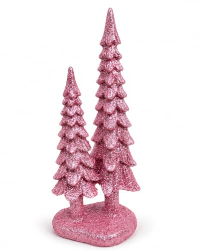 Pink Mini Christmas Tree Figurine Duo - 7-Inch Resin Tabletop Decor - Small