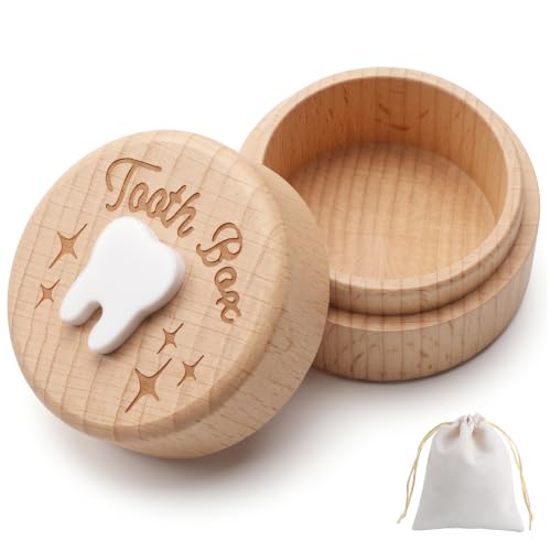 Wooden Tooth Fairy Keepsake Box with Pouch - Carved Child's Tooth Storage
