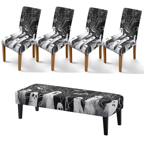 Halloween Ghost Chair Cover Set of 4 with Matching Bench Slipcover - Black