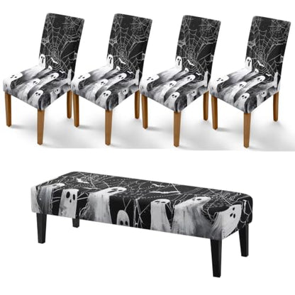 Halloween Ghost Chair Cover Set of 4 with Matching Bench Slipcover - Black