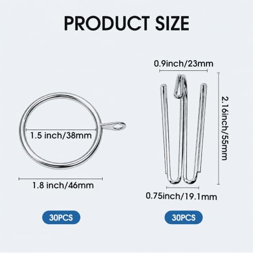 Silver Curtain Rings with 4 Prong Pinch Pleat Hooks - 38mm ID, 30 Sets - Silver & Silver
