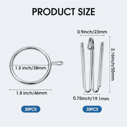 Silver Curtain Rings with 4 Prong Pinch Pleat Hooks - 38mm ID, 30 Sets - Silver & Silver