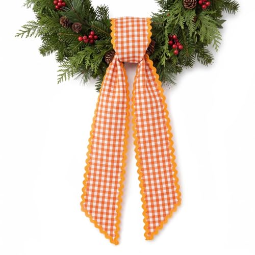 Orange White Plaid Wreath Sash for Front Door - Farmhouse Decor, 5x56 inches