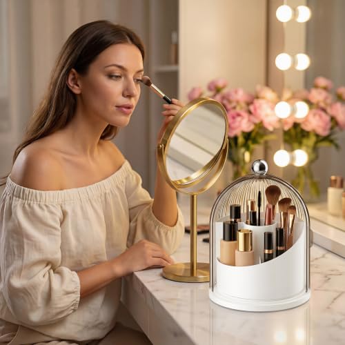 Rotating Makeup Brush Holder with Lid - Cosmetic Organizer for Vanity