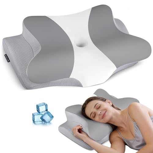 Cervical Support Pillow for Neck Pain Relief - Grey & White, Ergonomic Memory Foam