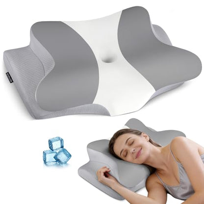 Cervical Support Pillow for Neck Pain Relief - Grey & White, Ergonomic Memory Foam