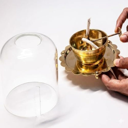Brass Akhand Jyot Diya with Glass Cover and Adjustable Wick Control