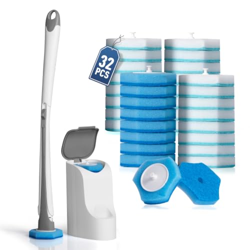 Disposable Toilet Brush with 32 Refills and Wall-Mounted Holder Set