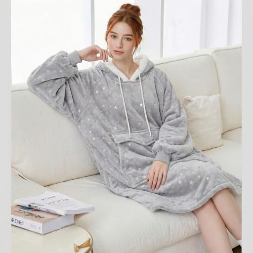 Wearable Blanket Hoodie for Women - Silver Foil Star Oversized Sherpa Pullover