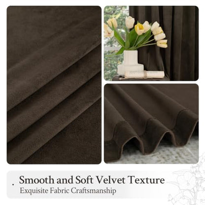 Brown Velvet Blackout Curtains 52W x 84L Set of 2 - Thermal & Light-Blocking