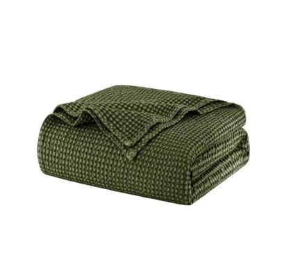 King Size Cotton Waffle Blanket - Olive Green, Breathable & Soft Bed Cover