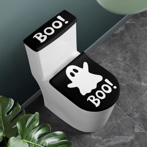 Boo Ghost Toilet Seat Cover Set Black & White Halloween Toilet Lid & Tank Cover, Machine Washable