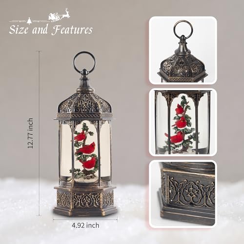 Hexagon Lighted Musical Snow Globe Lantern with Red Cardinals - Indoor Holiday Decor