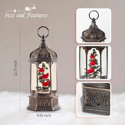 Hexagon Lighted Musical Snow Globe Lantern with Red Cardinals - Indoor Holiday Decor