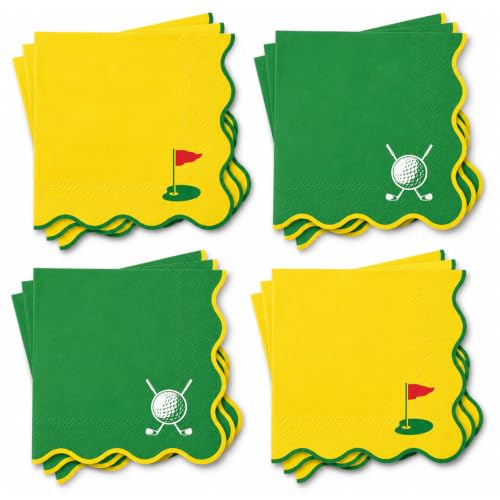 Golf Cocktail Napkins 50 Pack - Bright Yellow & Green, Scalloped 3-Ply Party Supplies