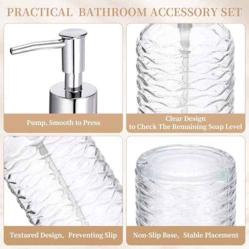 Clear Glass Bathroom Accessory Set with Wavy Stripes - 4 Pieces
