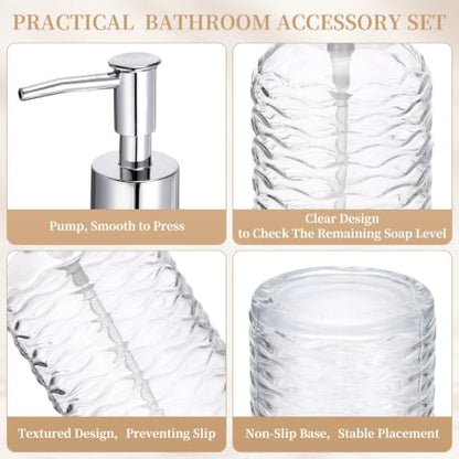 Clear Glass Bathroom Accessory Set with Wavy Stripes - 4 Pieces