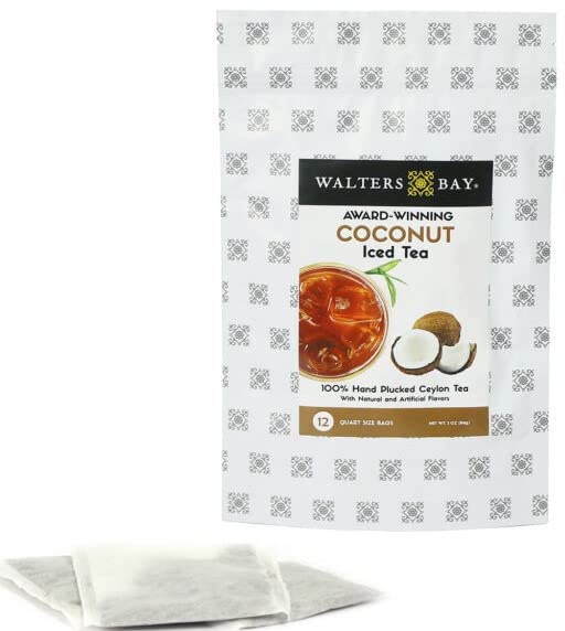 Walters Bay Coconut Iced Tea - 12 Quart-Sized Tea Bags, Ceylon Tea, 100% Hand Plucked, Black Tea, Unsweetened, Tropical Coconut Flavor