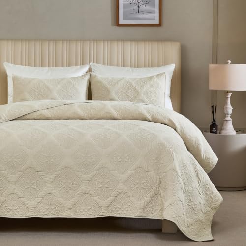 Beige King Size Cotton Quilt Set - 3PC Bedspread with Shams