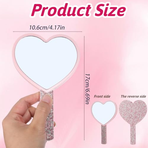 Pink Heart Handheld Mirror with Rhinestones - Compact Makeup & Gift