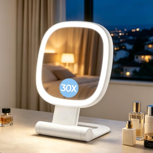 FUNTOUCH 30X Lighted Travel Makeup Mirror with Rechargeable Battery - White