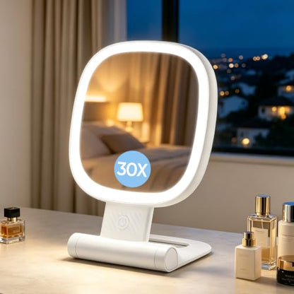 FUNTOUCH 30X Lighted Travel Makeup Mirror with Rechargeable Battery - White