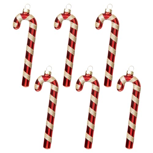 Candy Cane Christmas Decorations Set of 6 - Red & White Glass Ornaments