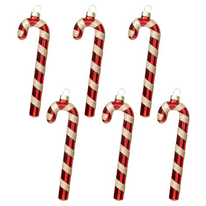Candy Cane Christmas Decorations Set of 6 - Red & White Glass Ornaments