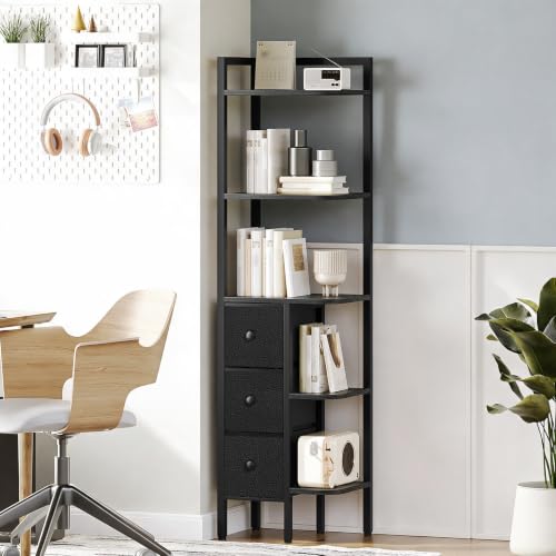 Black 5-Tier Corner Shelf Stand with 3 Drawers - Industrial Wooden Bookcase